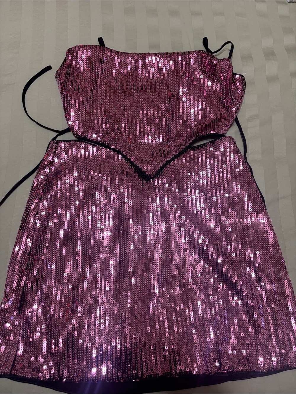 NBD Pink Sequin Girls One-Piece Bodysuit with Black Trim